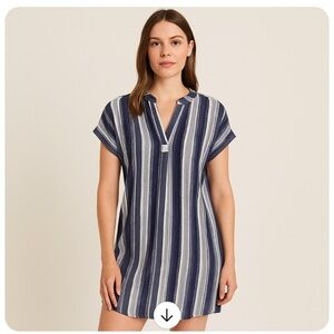 Linda Anderson Blue White Stripe Shirt Dress | V-Neck Short Sleeve Dress small